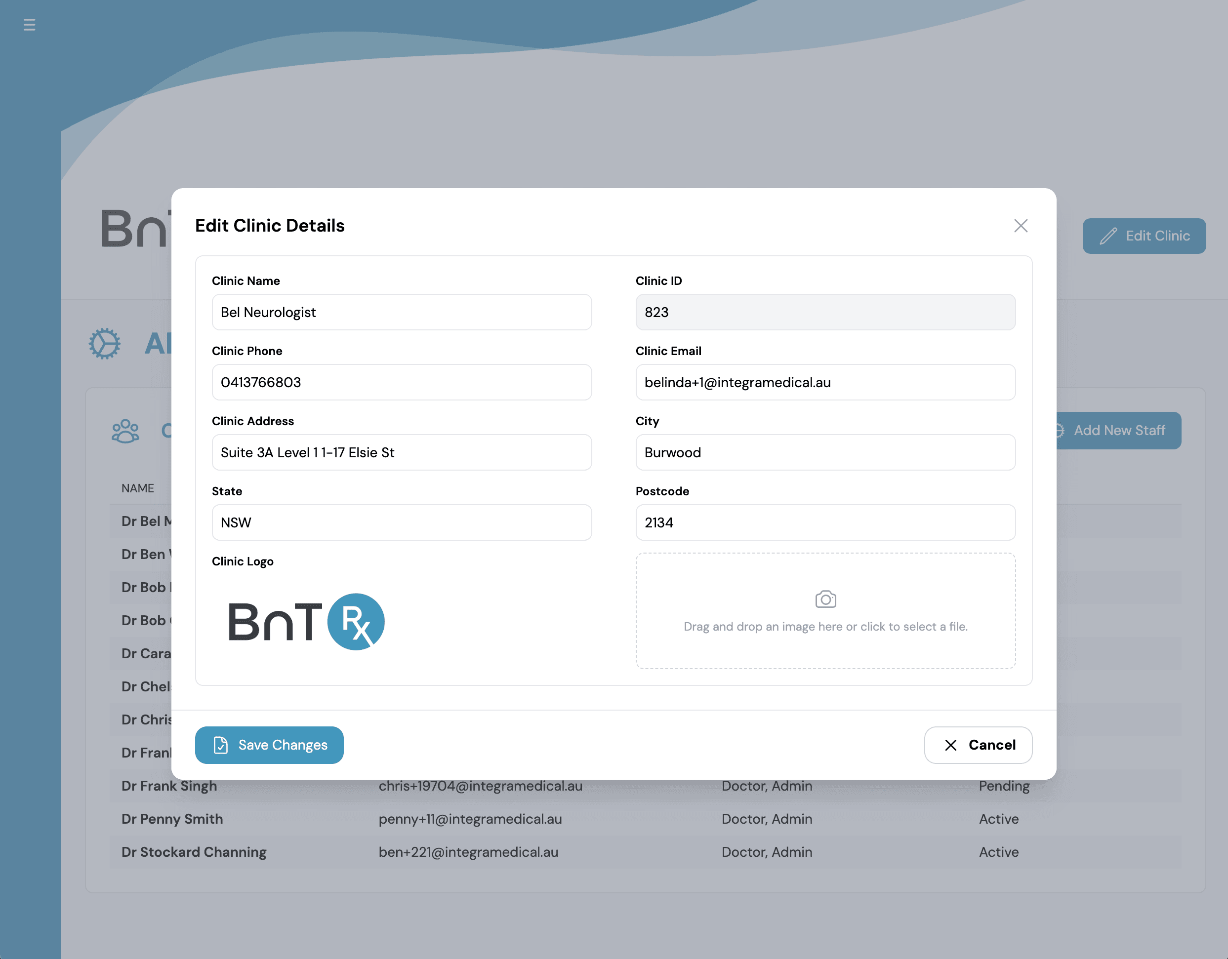 Edit Clinic Details dialog