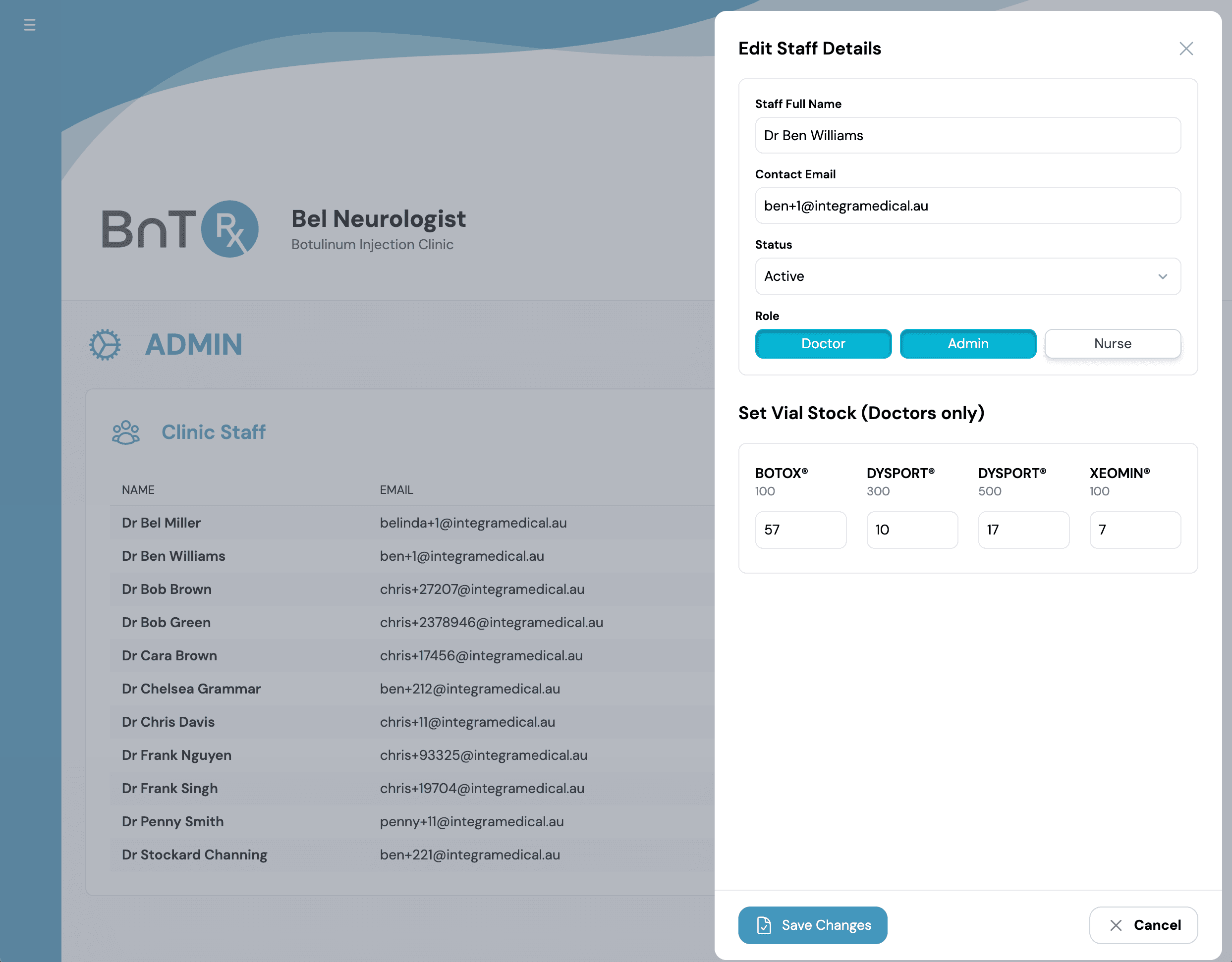 Edit staff details with vial stock allocation
