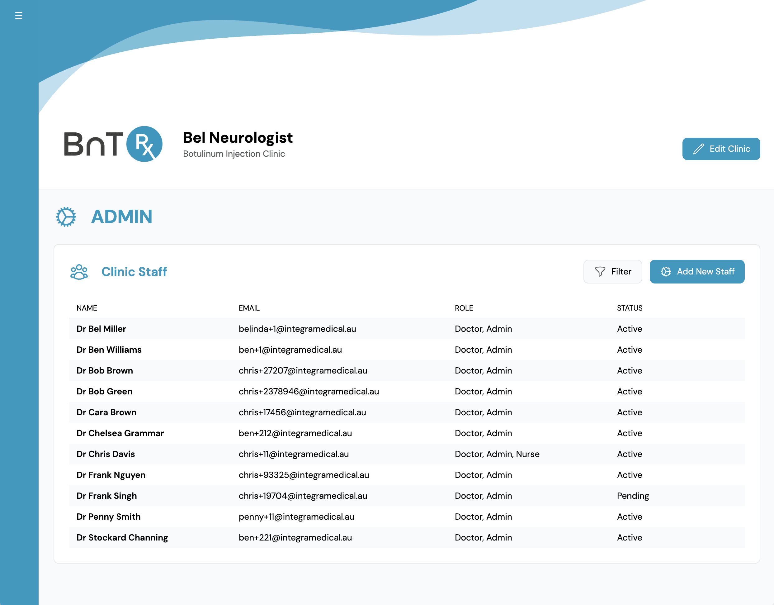 Admin tab showing clinic staff list