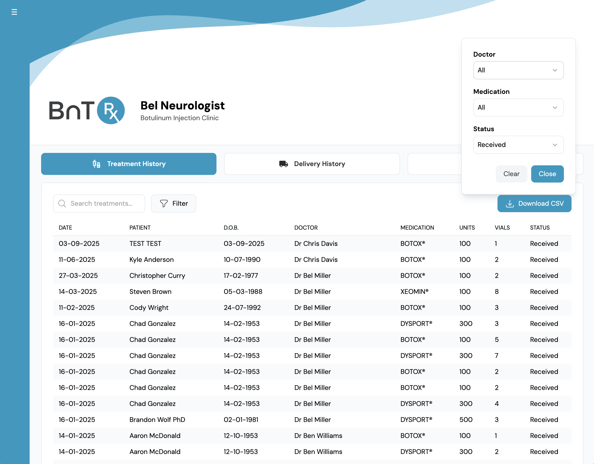 Log tab with filter panel open