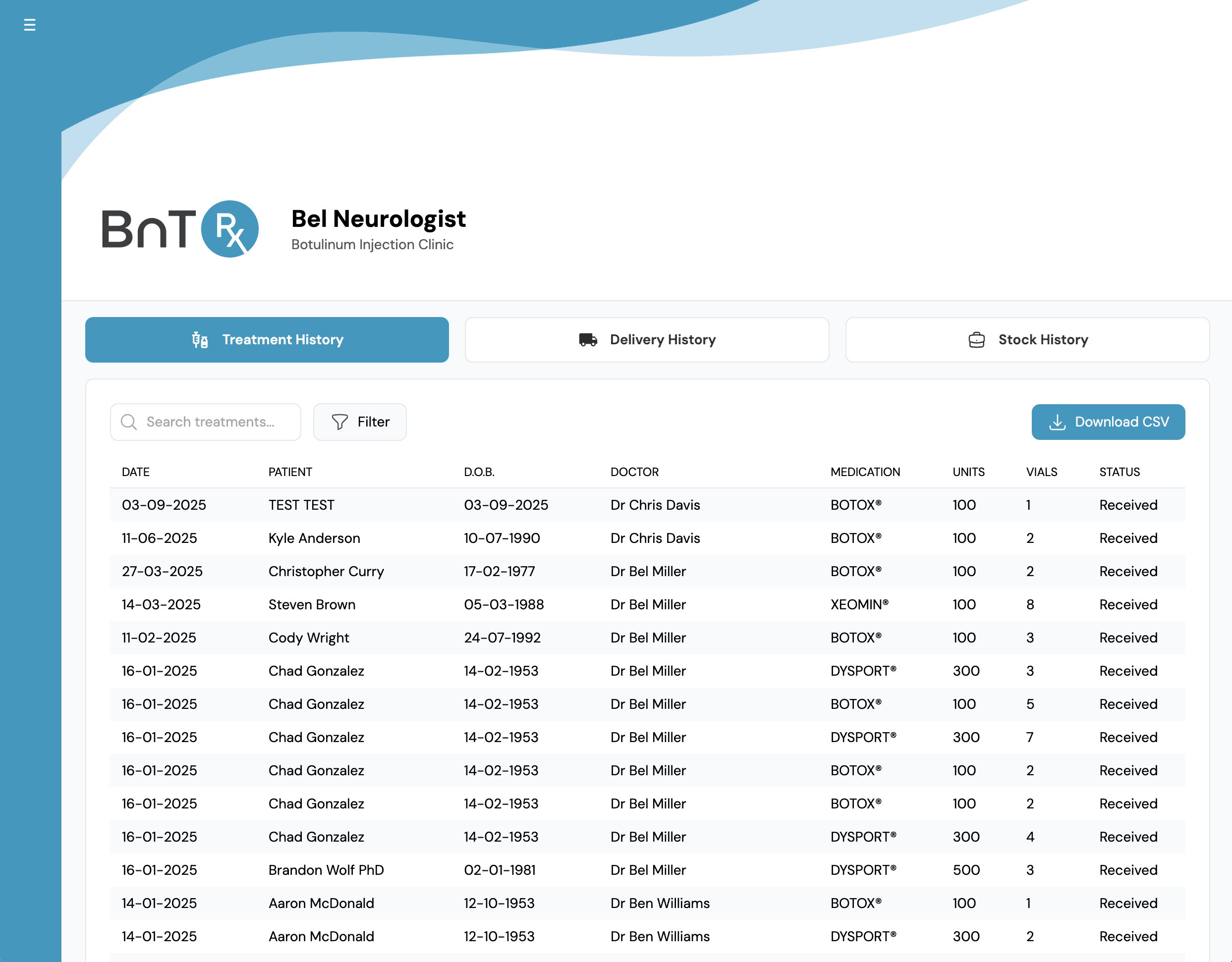 Log tab showing treatment history