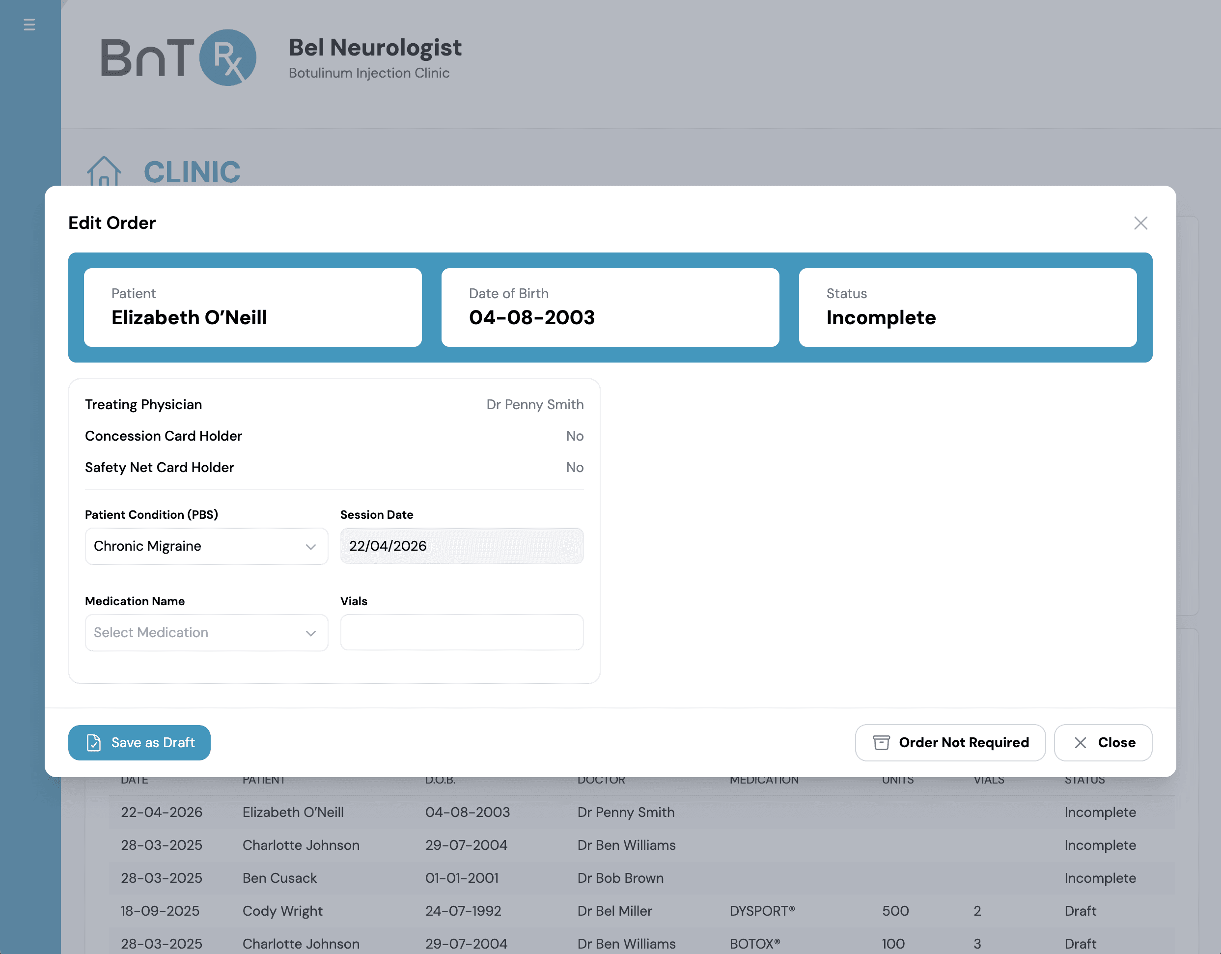 Incomplete order awaiting medication selection