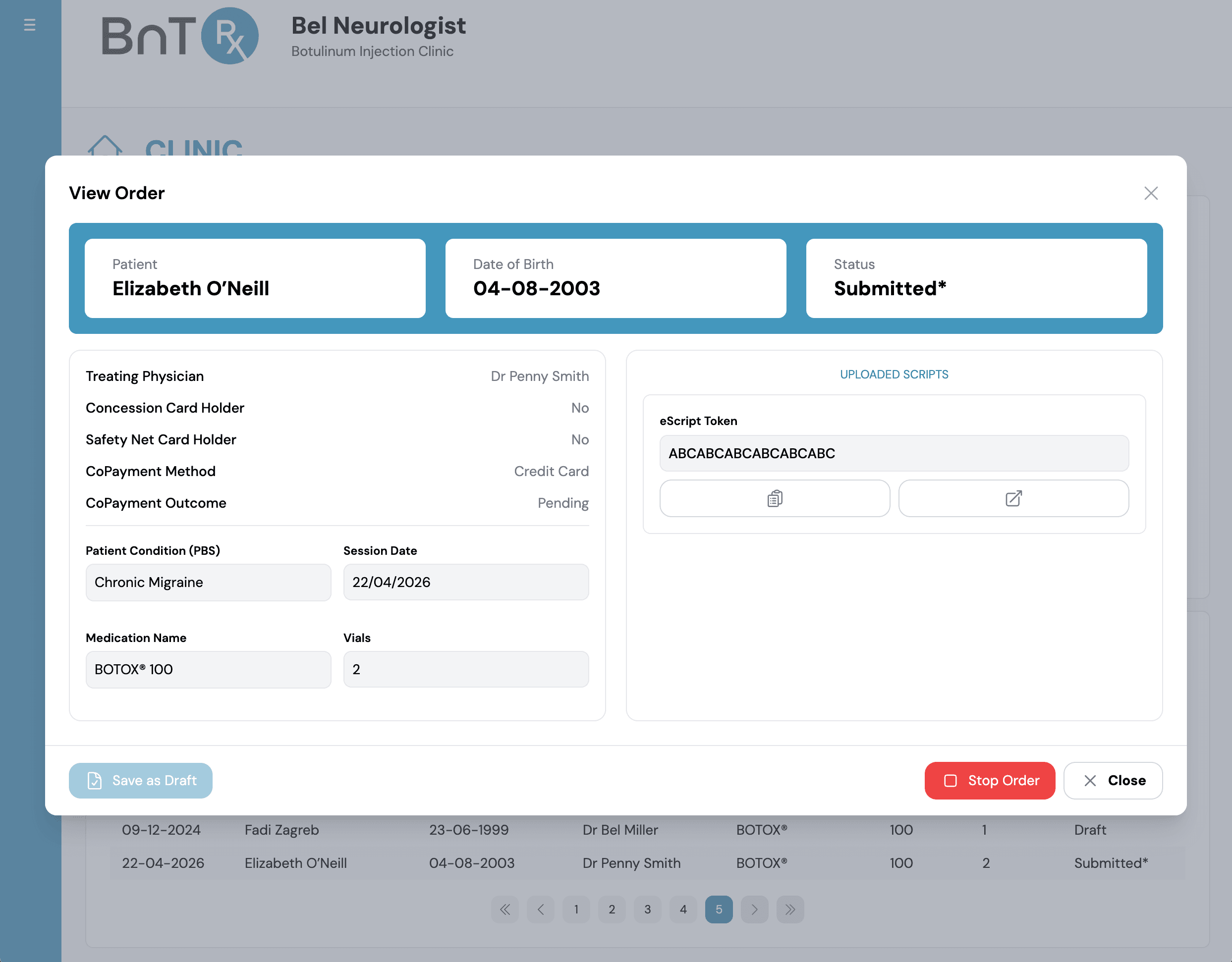 Submitted order with Stop Order option