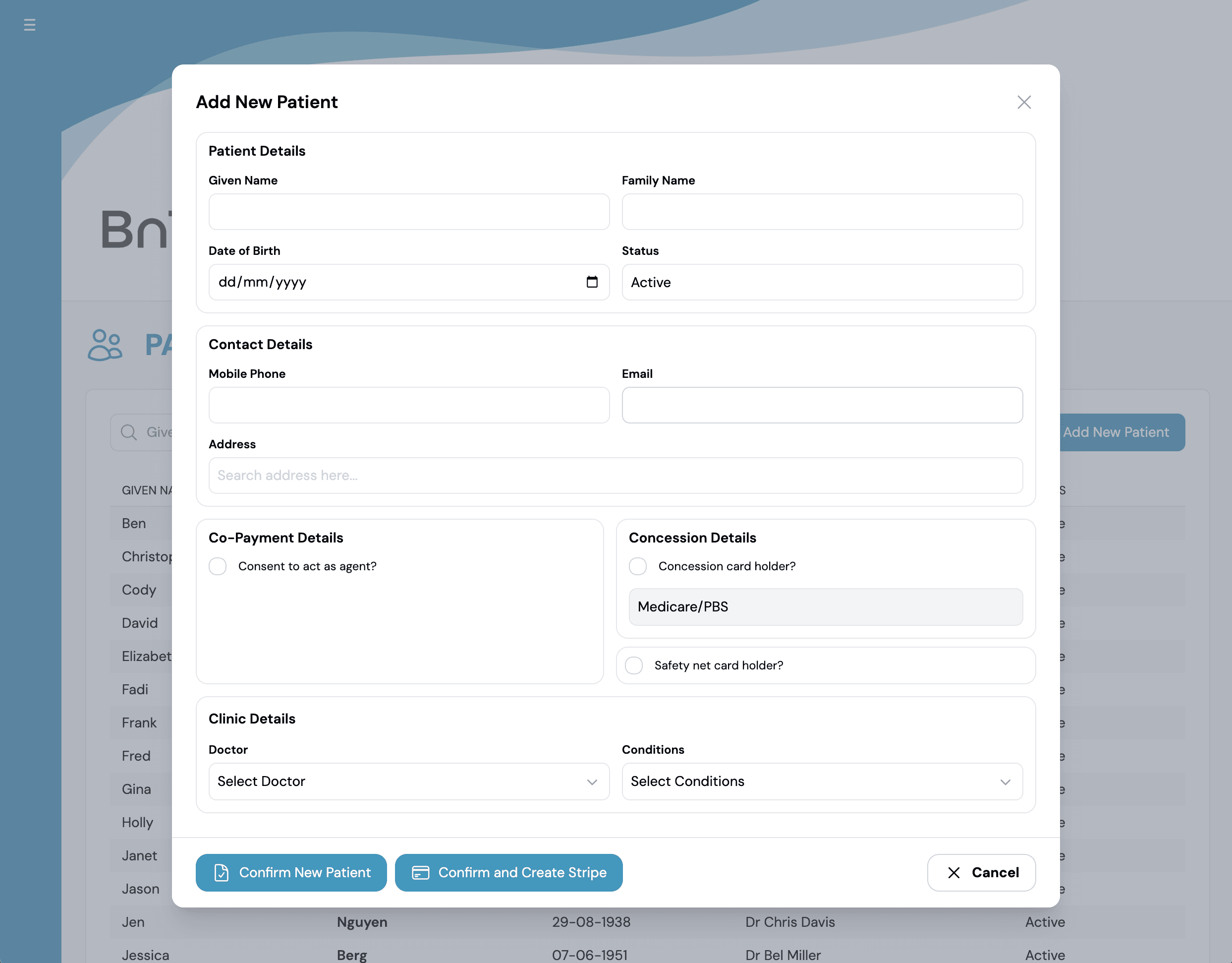 Add New Patient form