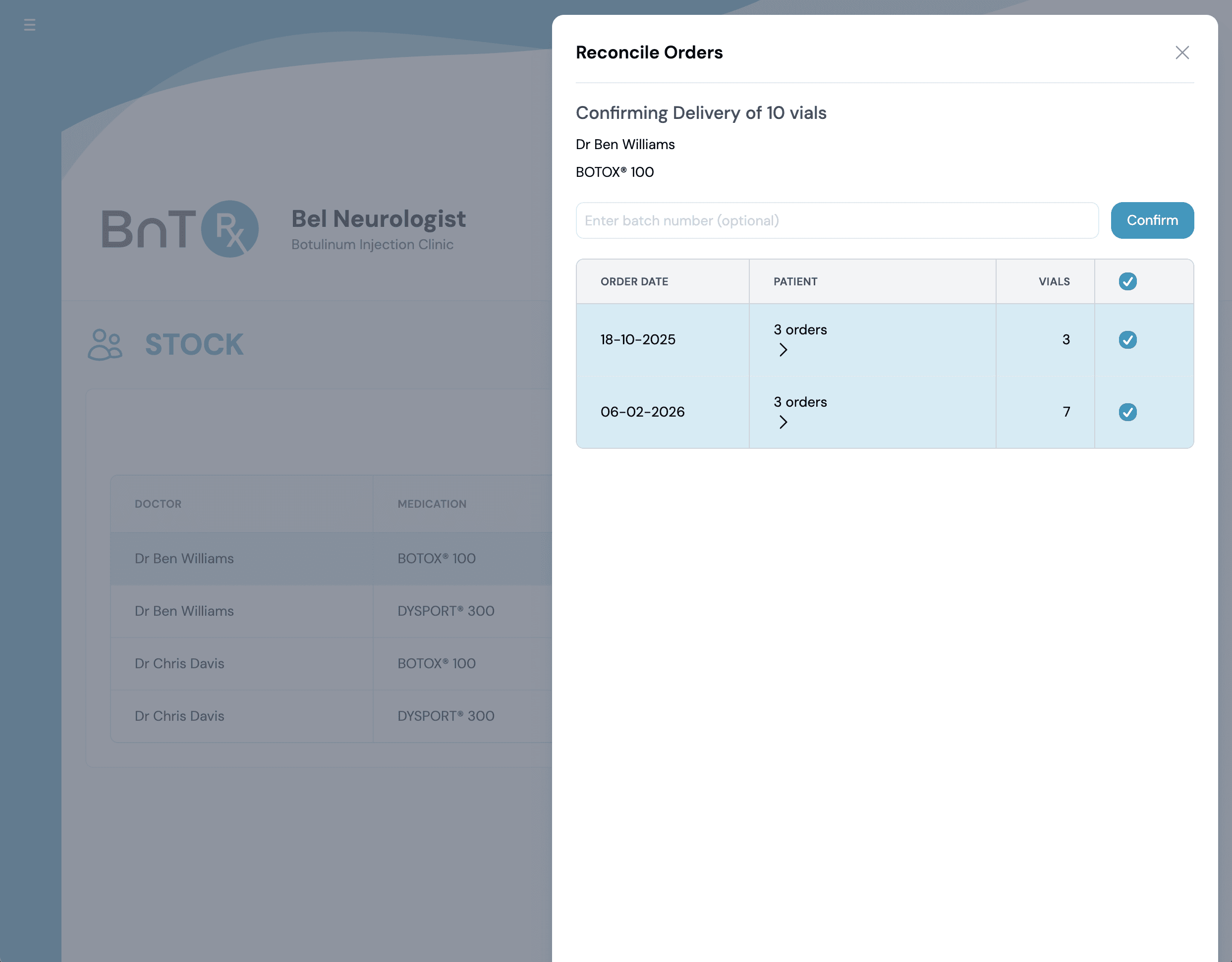 Reconcile Orders dialog for confirming delivery