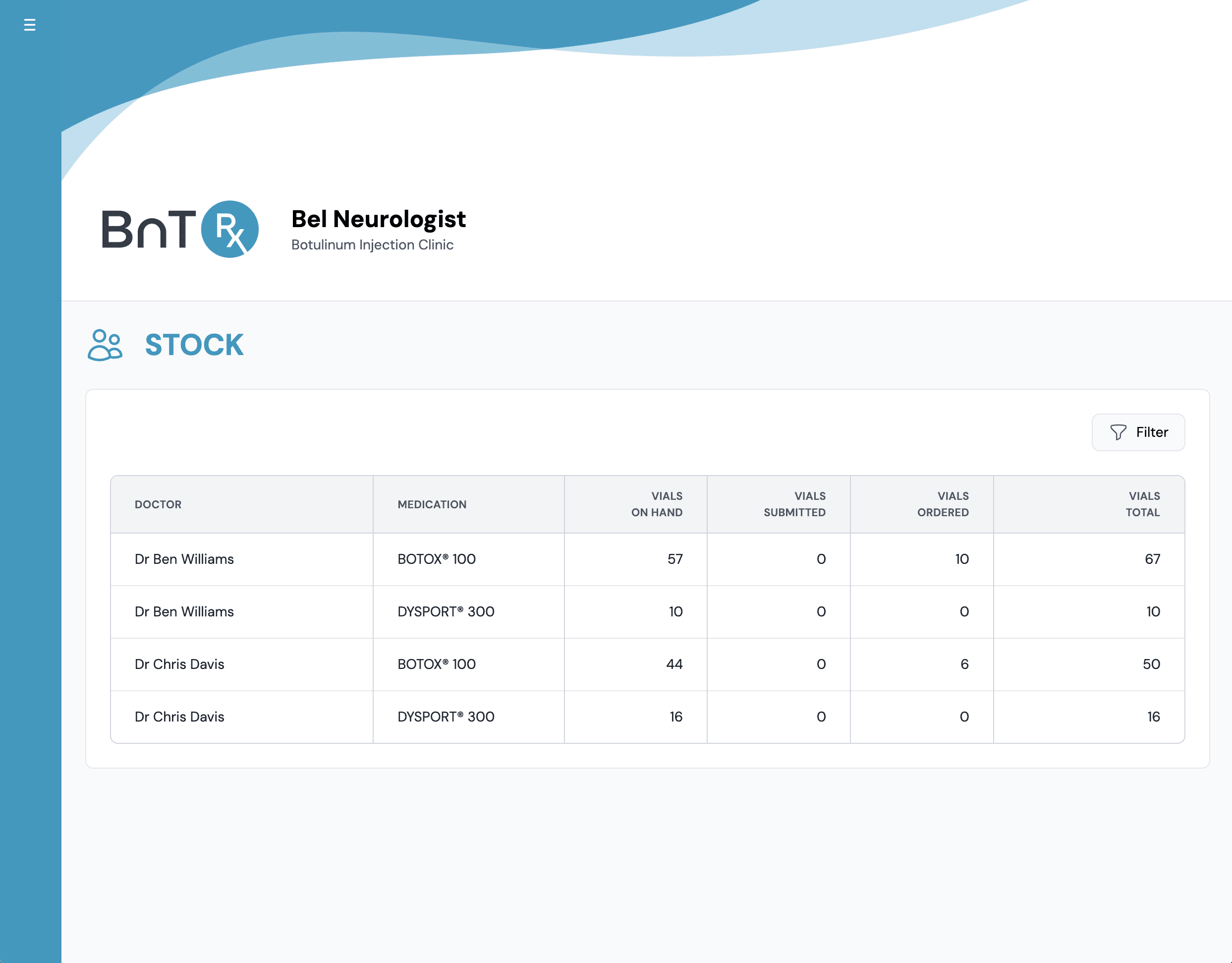 Stock tab showing vial counts by doctor and medication